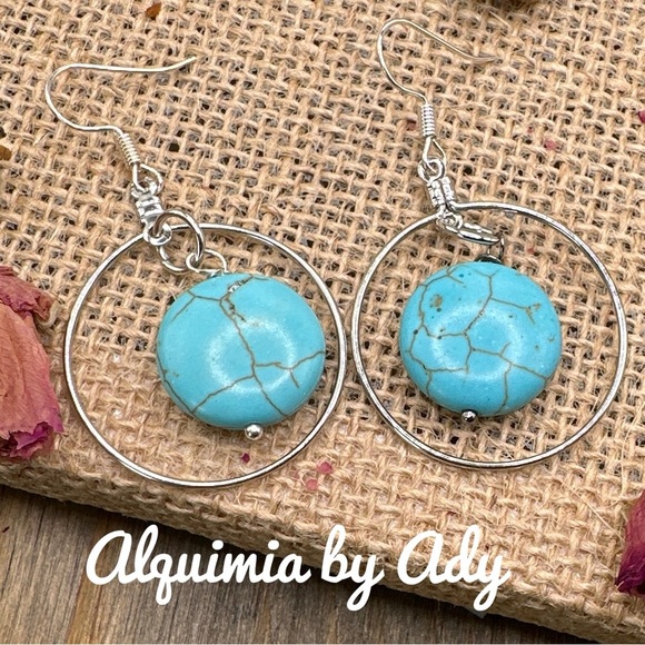 TURQUOISE DROPS SILVER BIG HOOPS EARRINGS - Picture 1 of 1